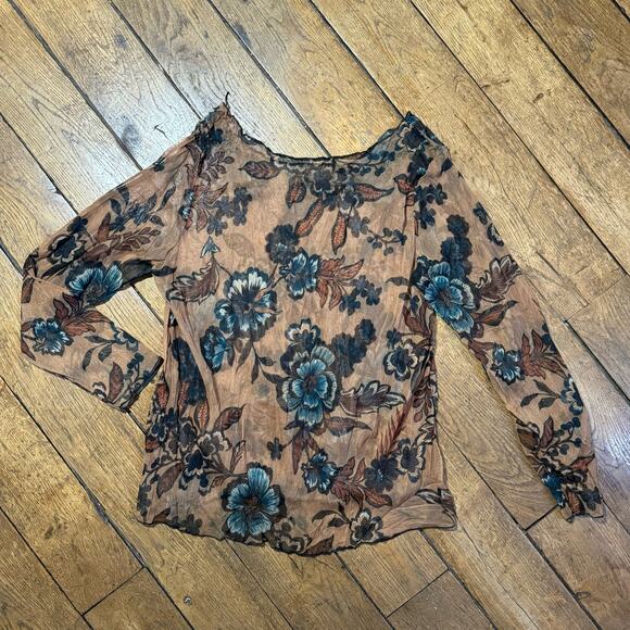 Vintage 90s micro mesh romantic floral long sleeves blouse (S/M) sheer grunge - Picture 2 of 7